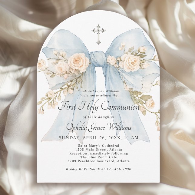 Invitation Girl's First Holy Communion Dusty Blue Floral Bow (Invitation may be ordered in both printed and instant download digital formats.)