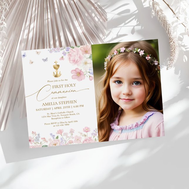 Invitation Girl's First Holy Communion Pastel Floral Photo (Créateur téléchargé)