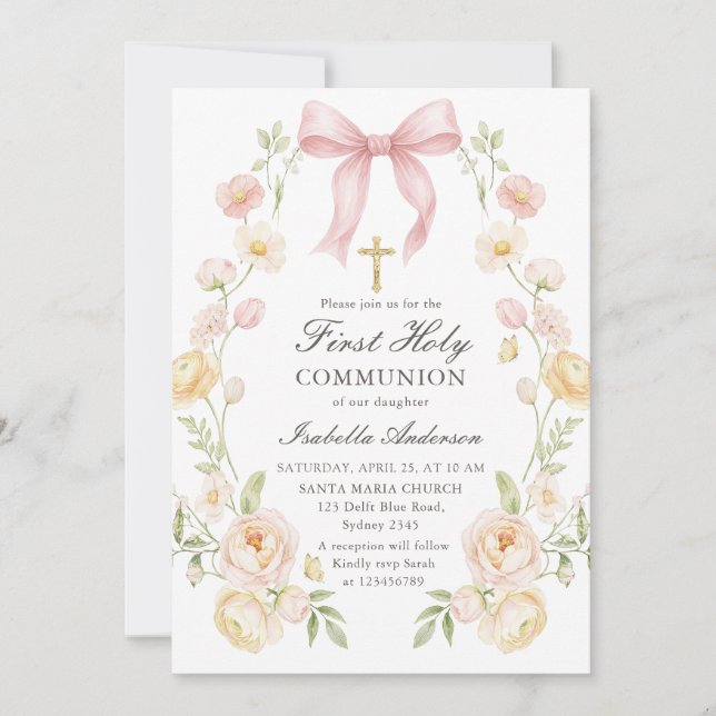 Invitation Girl's First Holy Communion Pink Floral Bow (Devant)