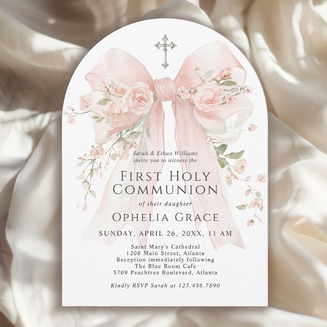 Invitation Girl's First Holy Communion Pink Floral Bow Arched (May be ordered in both printed and instant download digital formats.)