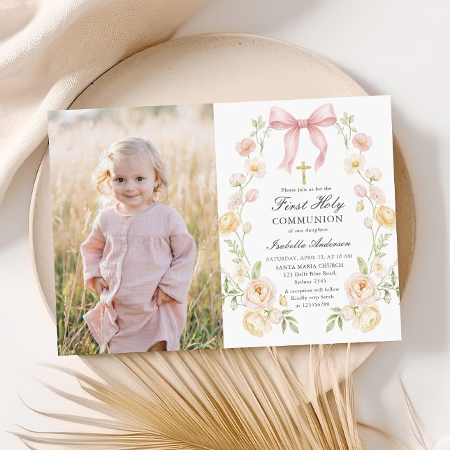 Invitation Girl's First Holy Communion Pink Floral Bow Photo (Créateur téléchargé)