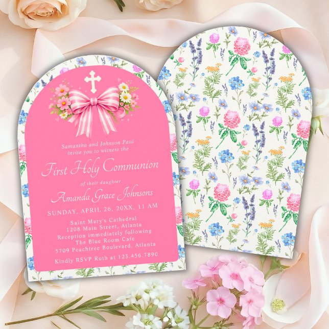 Invitation Girl's First Holy Communion Pink Wildflower Bow (Créateur téléchargé)