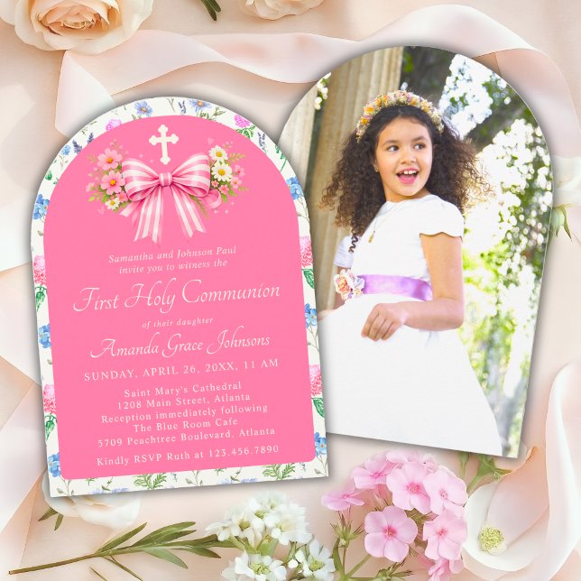 Invitation Girl's First Holy Communion Pink Wildflower Bow (Créateur téléchargé)
