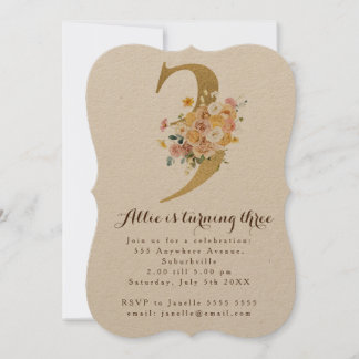 Invitation Girls Gold Floral 3e anniversaire Numéro 3 Partie