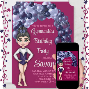 Invitation Girls Gymnastique Anniversaire Fête Bleu et Magent