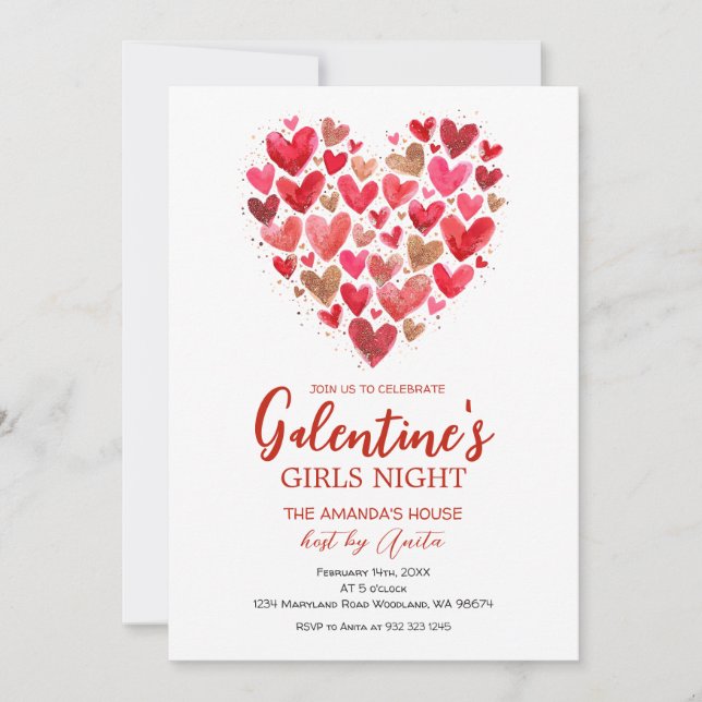 Invitation Girls hearts Galentine’s Night Party Valentine (Devant)