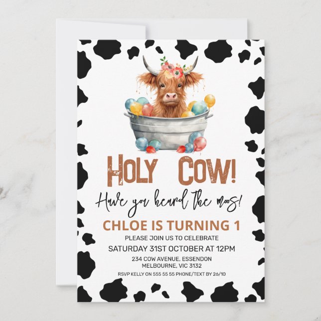 Invitation Girls Highland Cow Bucket Cow Imprimer 1er anniver (Devant)