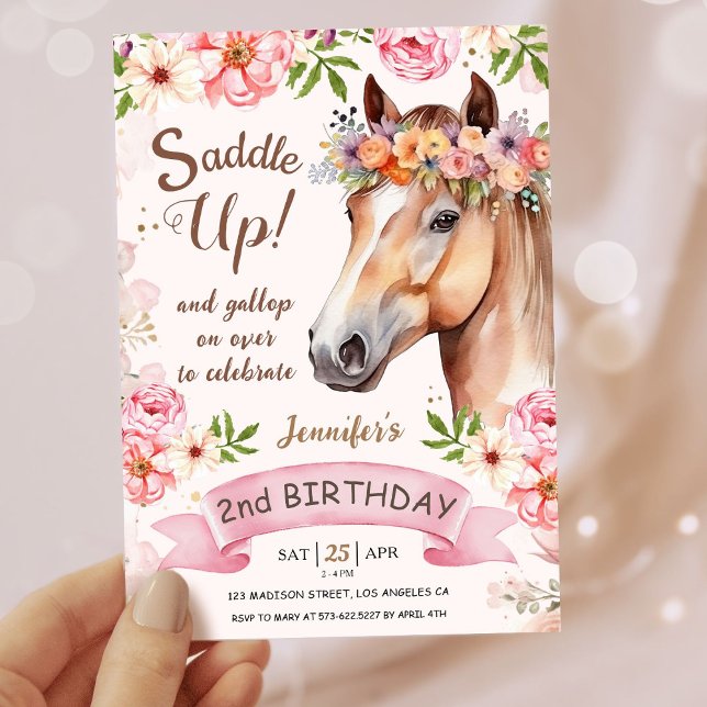 Invitation Girls Horse 2e anniversaire Floral Saddle Up! (Créateur téléchargé)