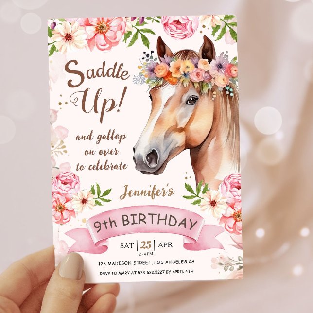 Invitation Girls Horse 9e anniversaire Floral Saddle Up! (Créateur téléchargé)