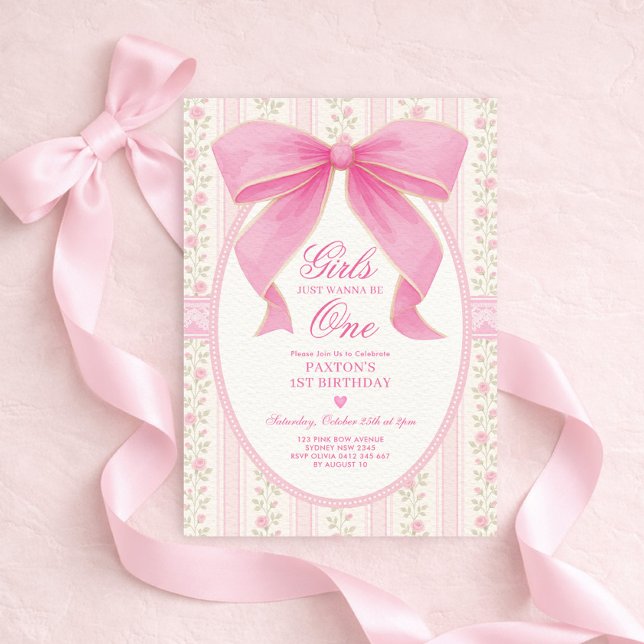 Invitation Girls Just Wanna Be One: Pink Bow 1st Birthday (Créateur téléchargé)