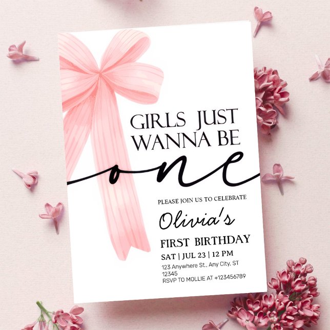 Invitation Girls Just Wanna Be One Pink Bow 1st Birthday (Créateur téléchargé)
