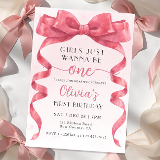 Invitation Girls Just Wanna Be One Pink Bow 1st Birthday