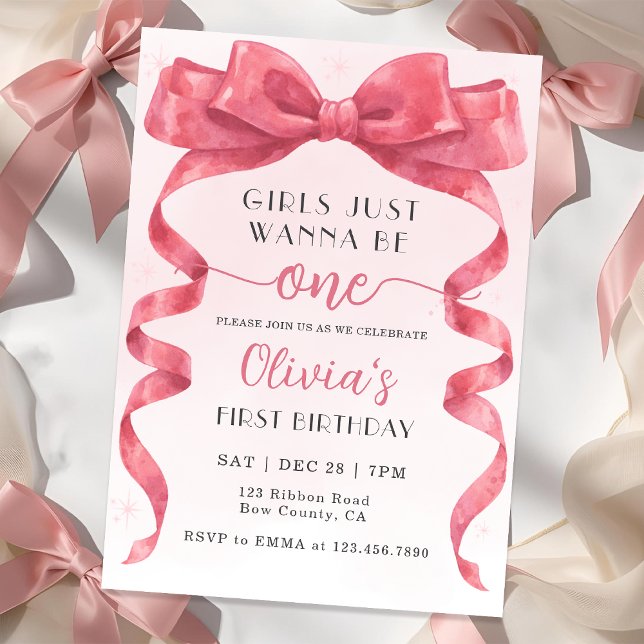 Invitation Girls Just Wanna Be One Pink Bow 1st Birthday (Créateur téléchargé)