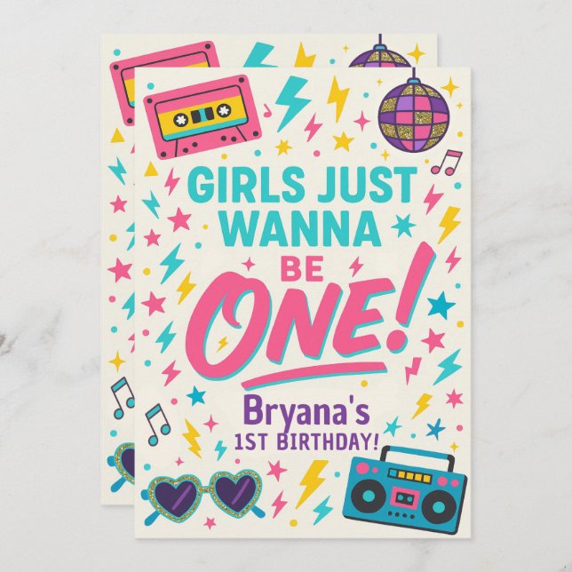 Invitation Girls just wanna be ONE Pop 1st Birthday Party (Devant / Derrière)