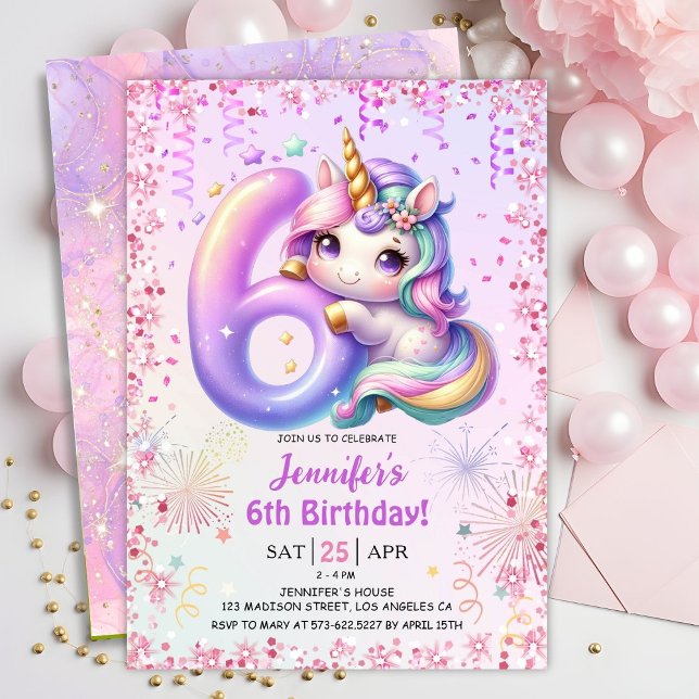 Invitation Girls Magical Unicorn 6e fête d'anniversaire (Créateur téléchargé)