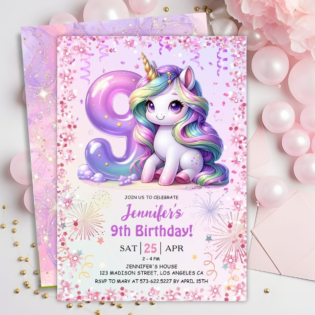 Invitation Girls Magical Unicorn 9e fête d'anniversaire (Créateur téléchargé)