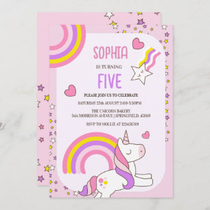 Invitation Girls mignonne rose Unicorn Enfants 5e anniversair
