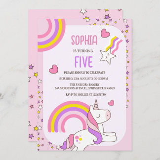 Invitation Girls mignonne rose Unicorn Enfants 5e anniversair