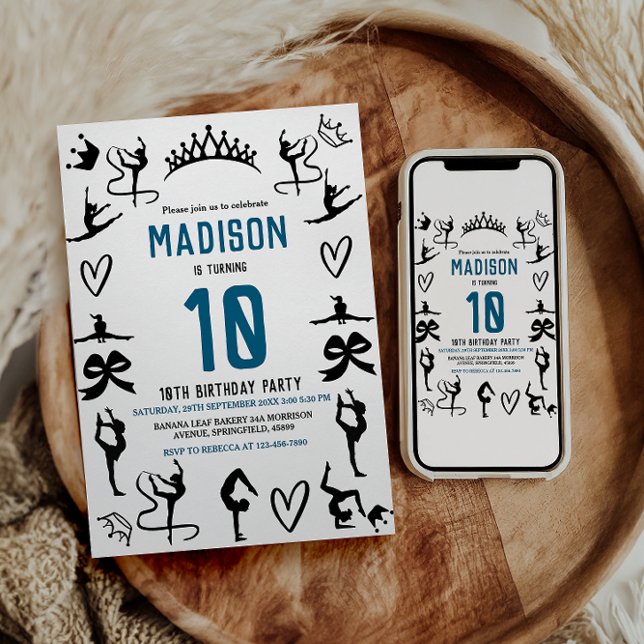 Invitation Girls Modern Black Gymnastics Kids 10th Birthday (Girls Modern Black Gymnastics Kids 10th Birthday Invitation)
