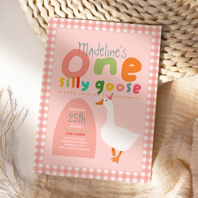 Invitation Girls One Silly Goose Pink Gingham First Birthday (Créateur téléchargé)