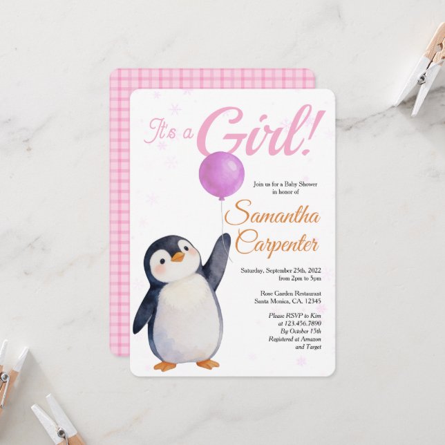 Invitation Girl's Penguin Pink Baloon Watercolor Baby Shower (Devant/Arrière en situation)