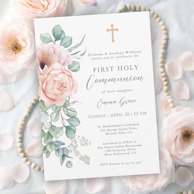 Invitation Girl's Pink and Sage Green Floral First Communion (Available in both printed and instant download digital formats.)
