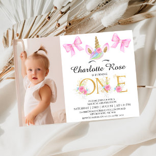 Invitation Girls Pink Bows Floral Unicorn 1er anniversaire