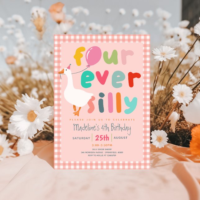 Invitation Girls Pink “Four Ever Silly” Goose 4th Birthday (Créateur téléchargé)