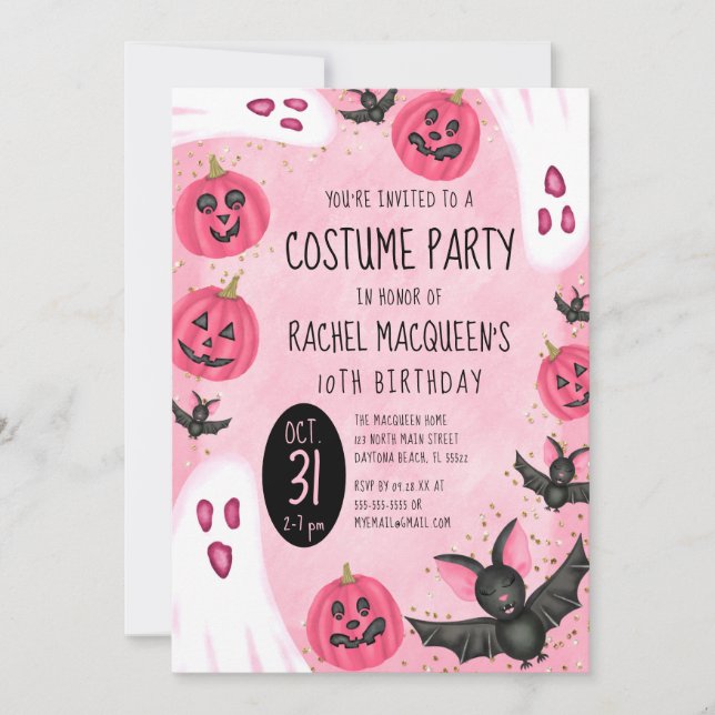 Invitation Girl's Pink Ghost Bat Costume Halloween Birthday (Devant)
