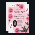 Invitation Girl's Pink Ghost Bat Costume Halloween Birthday<br><div class="desc">This cute and spooky girl's birthday party invitation is perfect for the Halloween season. It features hand-drawn watercolor illustrations including; ghosts, bats, and pumpkin jack o'lanterns on top of faux printed sparkly gold glitter confetti and a pink abstract background. The color scheme includes blush pink, girly pink, black, and white....</div>