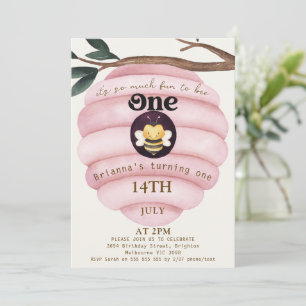 Invitation Girls Pink Hive Bee Thème 1er anniversaire