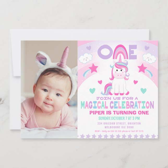 Invitation Girls Pink Rainbow Magical Unicorn 1er anniversair (Devant)