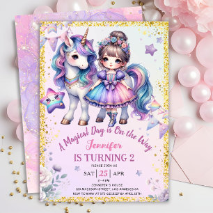 Invitation Girls Princess Unicorn 2e anniversaire Purple Gold
