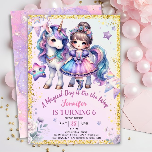 Invitation Girls Princess Unicorn 6e anniversaire Purple Gold (Créateur téléchargé)