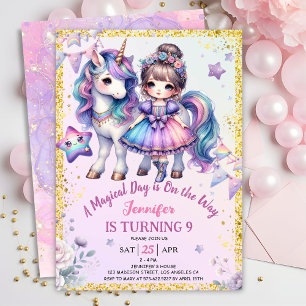 Invitation Girls Princess Unicorn 9e anniversaire Purple Gold