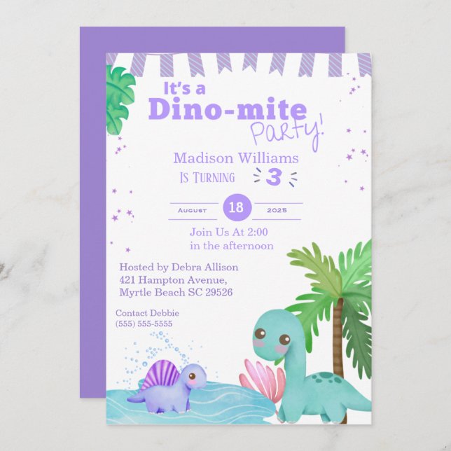 Invitation Girls Purple Dinosaur 3e fête d'anniversaire (Devant / Derrière)
