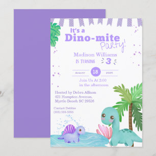 Invitation Girls Purple Dinosaur 3e fête d'anniversaire