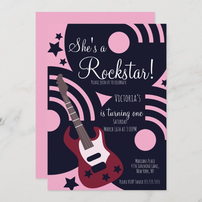 Invitation Girls Rockstar Guitar Star Rock Birthday Party  (Devant / Derrière)