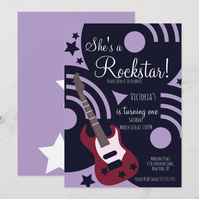 Invitation Girls Rockstar Guitar Star Rock Birthday Party  (Devant / Derrière)