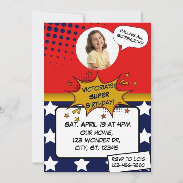 Invitation Girls Superhero Red, Blue, Gold & Stars Birthday  (Devant)