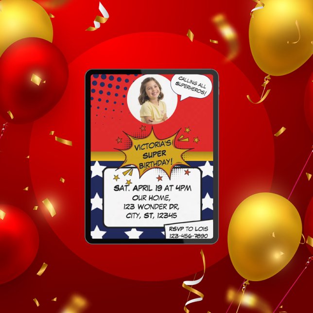 Invitation Girls Superhero Red, Blue, Gold & Stars Birthday  (Créateur téléchargé)