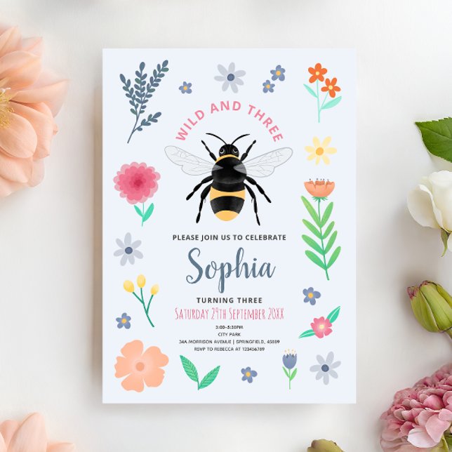 Invitation Girls Sweet Bee Wildflower Wild and Three Birthday (Créateur téléchargé)