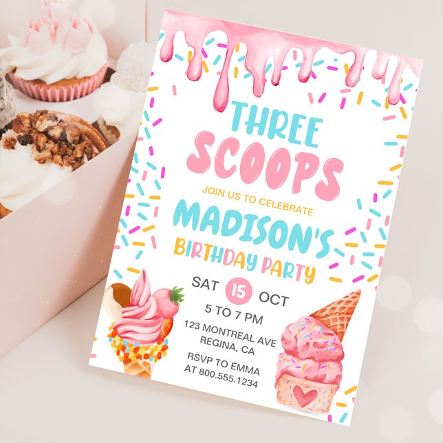 Invitation Girls Three Scoops Glace 3e Anniversaire  (Créateur téléchargé)