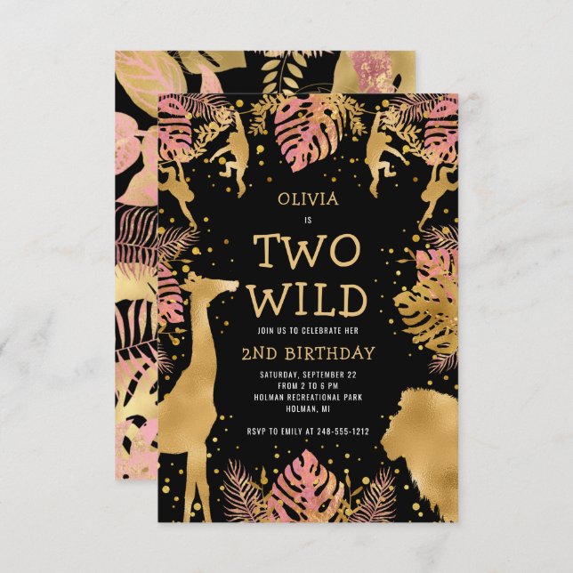 Invitation Girls Two Wild 2e Anniversaire Pink Black Safari (Devant / Derrière)