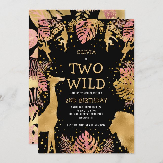Invitation Girls Two Wild 2e Anniversaire Pink Black Safari (Devant / Derrière)