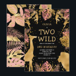 Invitation Girls Two Wild 2e Anniversaire Pink Black Safari<br><div class="desc">Cette invitation à la fête du deuxième anniversaire de cette "deux sauvages" jungle safari a pour thème les animaux faux en or (girafe, lion et singes), le feuillage de la jungle dorée et rose, et un arrosage de confettis d'or sur un arrière - plan noir. Ajoutez le nom de la...</div>