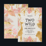 Invitation Girls Two Wild 2e Anniversaire Pink Ecru Safari<br><div class="desc">Cette invitation à la fête du deuxième anniversaire de cette "deux sauvages" jungle safari a pour thème les animaux de fausse feuille d'or (girafe, lion et singes), le feuillage de la jungle dorée et rose, et un arrosage de confettis d'or sur un arrière - plan écru. Ajoutez le nom de...</div>