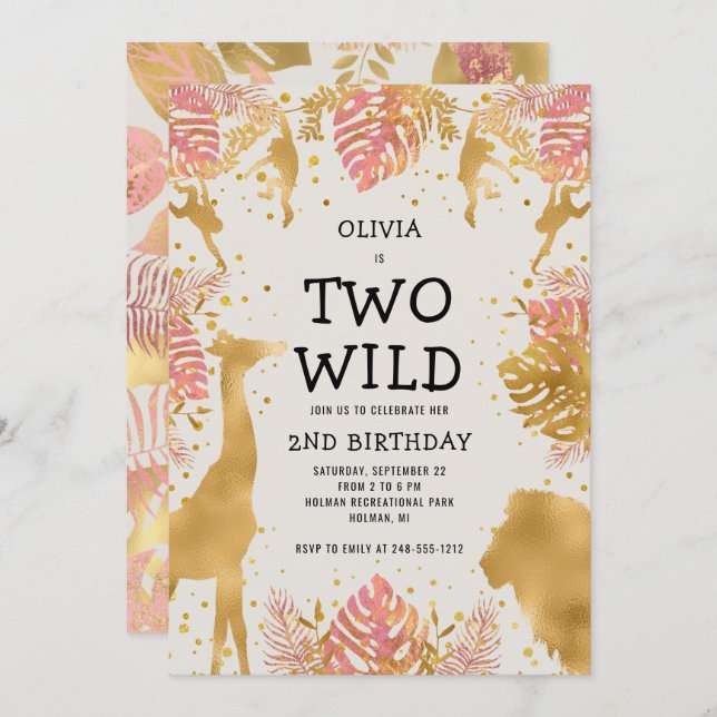 Invitation Girls Two Wild 2e Anniversaire Pink Ecru Safari (Devant / Derrière)