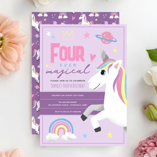 Invitation Girls Unicorn Four Ever Magical 4th Birthday (Créateur téléchargé)