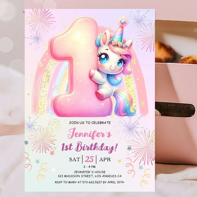 Invitation Girls Unicorn Magical Rainbow 1st Birthday Party (#UnicornBirthdayInvitation #UnicornBirthdayInvitationTemplate #UnicornBirthdayInvitationEditable )